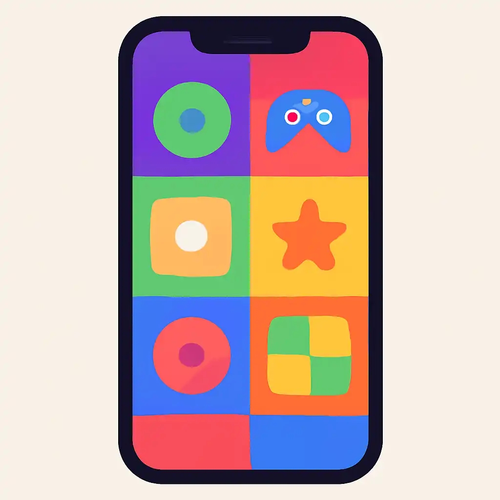 Smartphone shown from the front displaying a colourful flat layout of abstract game icons and rounded tiles (no text, no letters, no labels), Raxi Win
