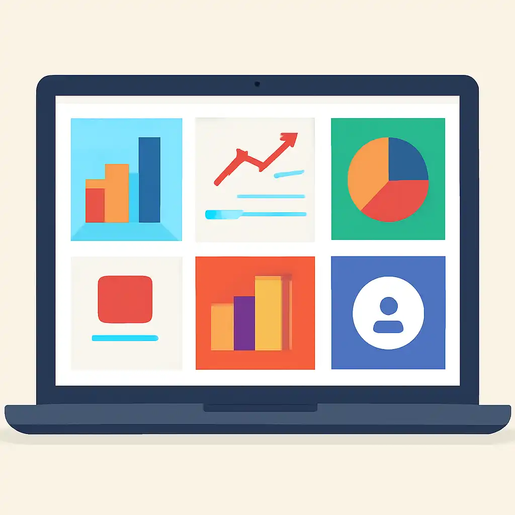 Laptop shown from the front displaying a colourful flat dashboard of abstract charts, bars and icon tiles (no text, no letters, no labels), Raxi Win