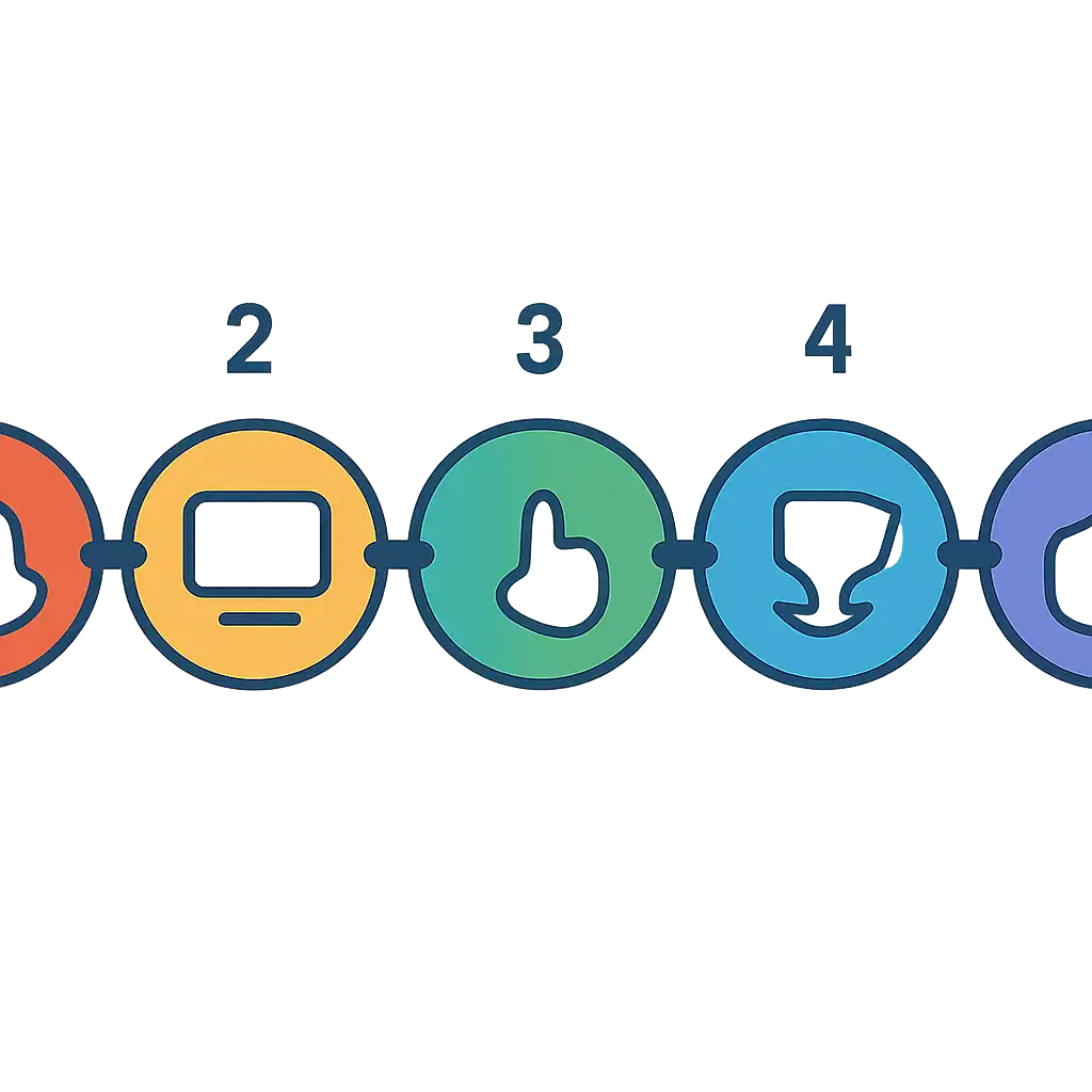 Five numbered circular icons connected by arrows in a horizontal flow, flat illustration, icons only, no words, Raxi Win steps