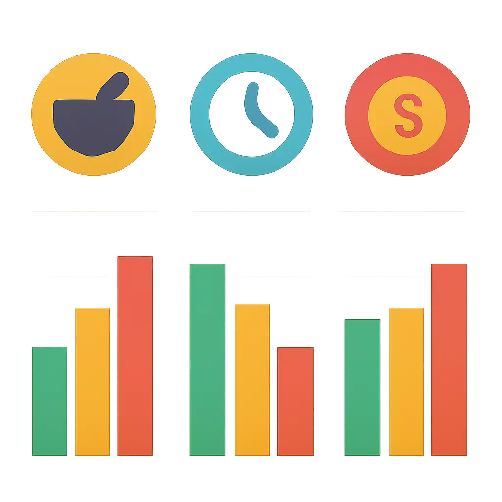 Infographic comparing options using coloured bars and icons only, no text or labels, flat design, Raxi Win